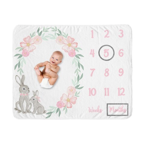Woodland Bunny Girl Baby Monthly Milestone Blanket - Blush Pink Mint Green and Grey Boho Floral Watercolor Rose Flower Forest