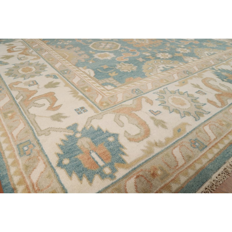 Floral Blue Oushak Style Area Rug Handmade Wool Carpet - 9'0" x 11'10"