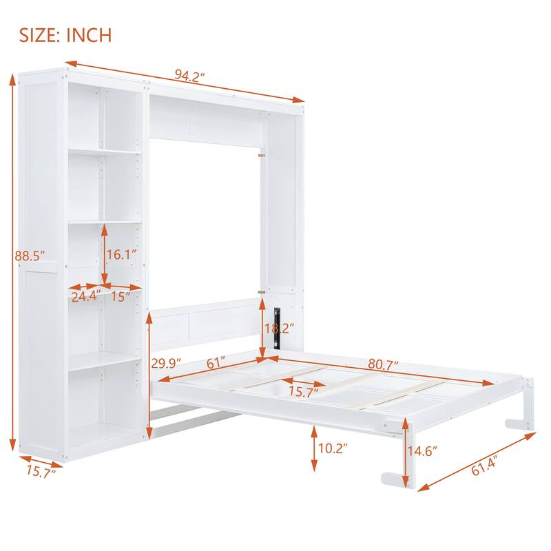 Space-Saving Queen Size Wall Bed with Shelves, White