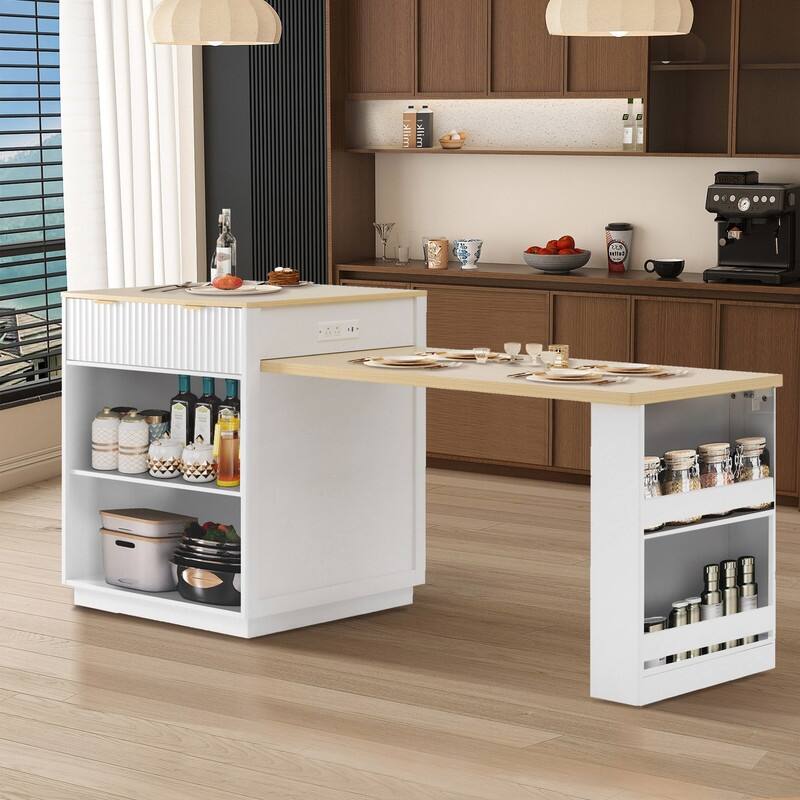 82.6" Fluted Kitchen Island with Extendable Dining Table and Power Outlet for Modern Kitchen Spaces