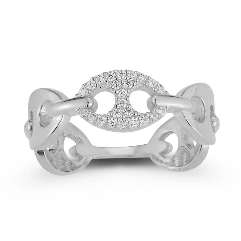 Soleil Sterling Silver Pave Mariner Band Ring - White - 6