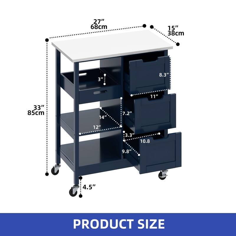Moasis Rolling Kitchen Bar Trolley Serving Cart with 3 Drawers and Wheels
