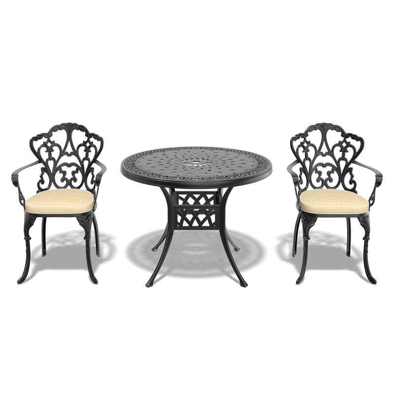 3/5-Piece Cast Aluminum Outdoor Dining Set with 35.43 in. Round Table and Random Color Cushions