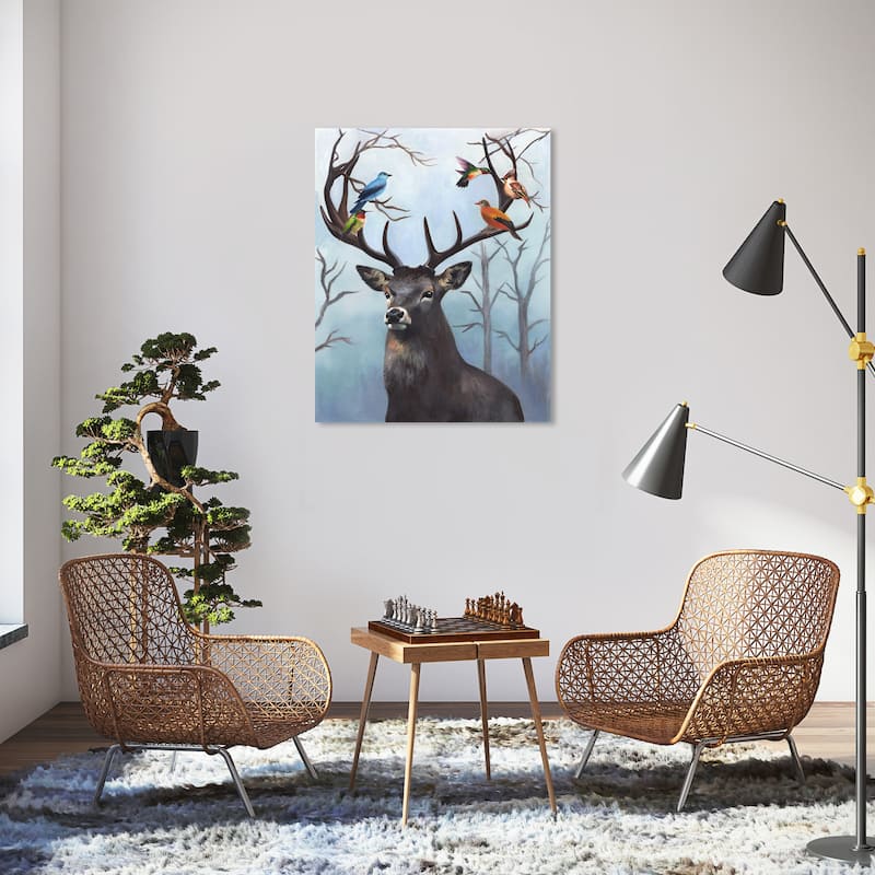 Wynwood Studio Canvas Animals Cute deer with birds II Blue and Rustic Wall Art Canvas Print - Blue, Gray - 36 x 30