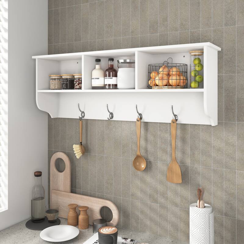 Anmytek White Wall Mounted Coat Rack 4 Dual Hooks Wooden Storage Shelf Entryway Living Room