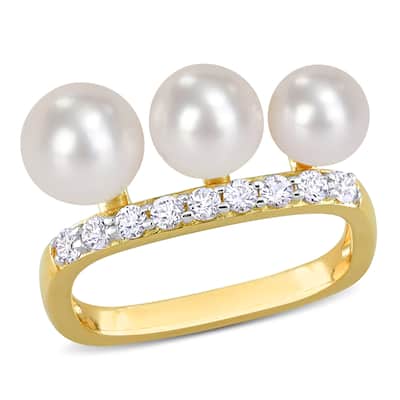 Miadora Cultured Freshwater Pearl & 3/8ct TGW White Topaz Ring Yellow Silver
