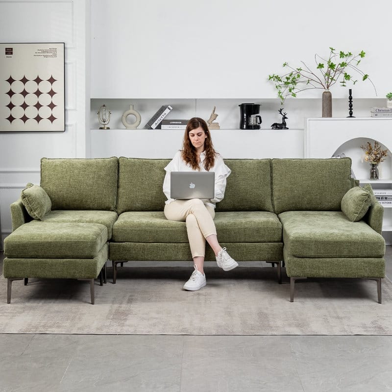 EROMMY U Shaped 6-seat Sectional Sofa Couch, Reversible Sleeper in Modern Chenille Design, with Chaise Lounge and Ottoman