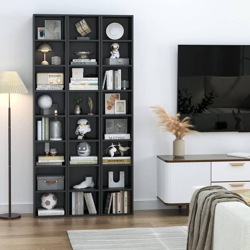 Grondin 8-Tier Media Tower, Wooden Media Storage Rack with Adjustable Shelves, Tall Narrow Bookcase Display Bookshelf