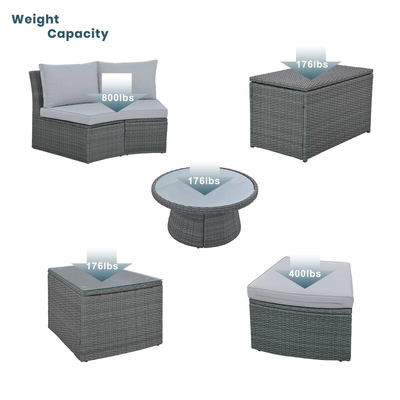 Half Round Full Storage Sectional Sofa 10pc Conversation Set with Table
