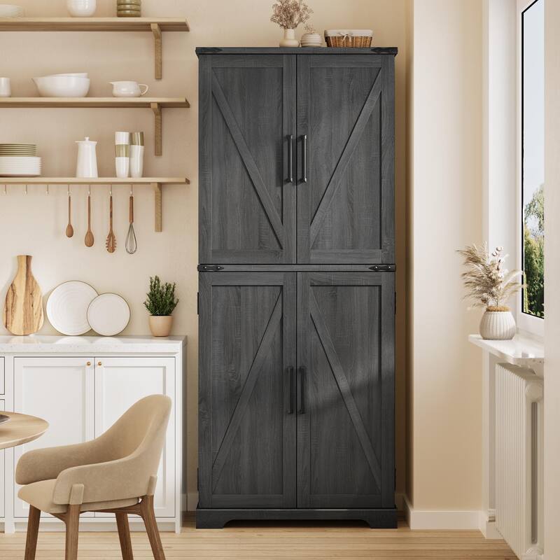 Farmhouse Wood Pantry Cabinet with Barn Doors, Adjustable Shelves - Black