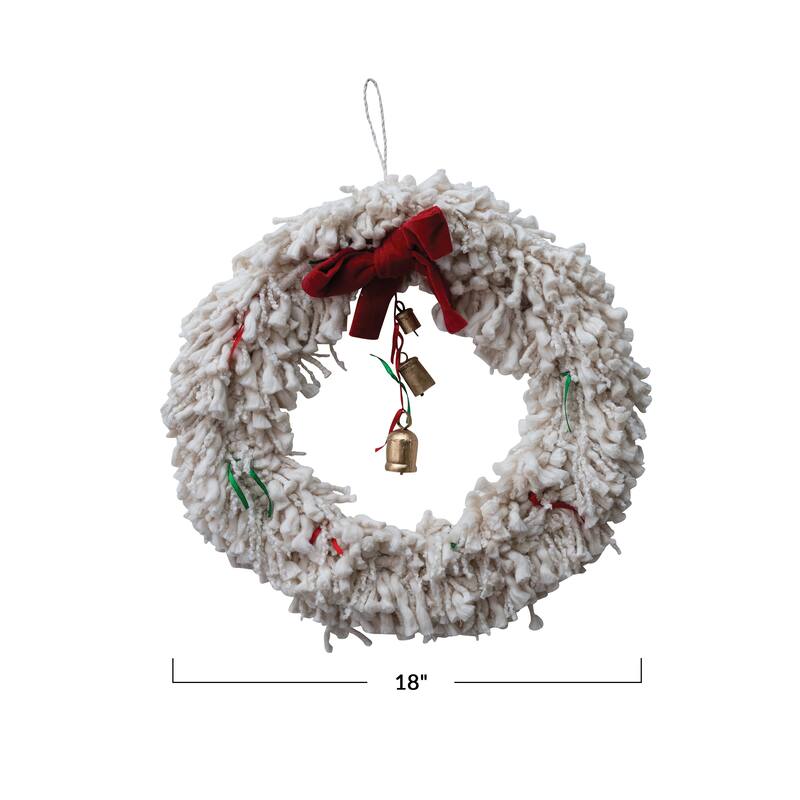 Handmade Cotton Blend Yarn Wreath with Bow, Ribbons and Metal Bells - 18.0"L x 1.5"W x 18.0"H