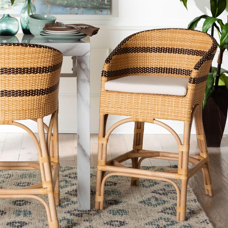 Elma Rattan Counter Stool with Cushion - Barrel-Back Counter Chair with Synthetic and Natural Rattan, Boho Coastal Style
