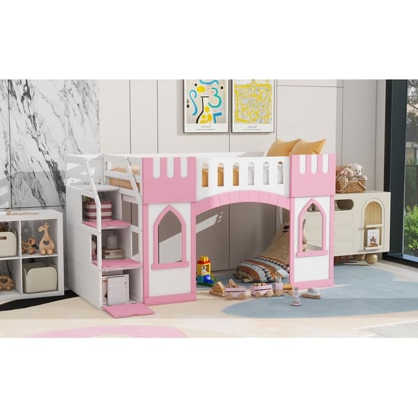 slide 2 of 12, Twin Size Low Loft Bed with Storage Staircase, Wood Loft Bed Frame with Full-Length Guardrails & Window, for Kids Teens, Pink Pink - Twin
