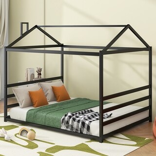 Metal House Shape Platform Bed, Black, Queen - Stylish, Sturdy & Safe Design
