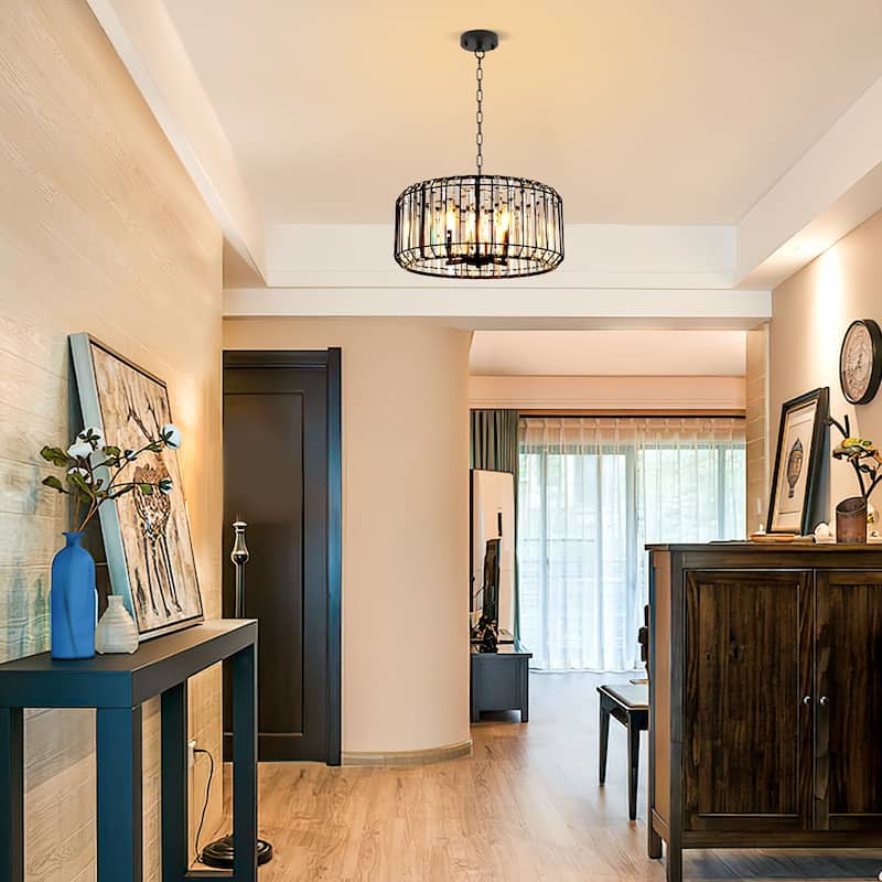 4-light Elegant Crystal - Adorned Black Drum Chandelier - Matte Black
