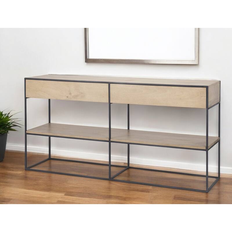 HomeRoots 63" Natural and Black Solid Wood and Metal Frame Console Table With Shelf And With Two Drawers - 63' X '31' X '15 - Natural