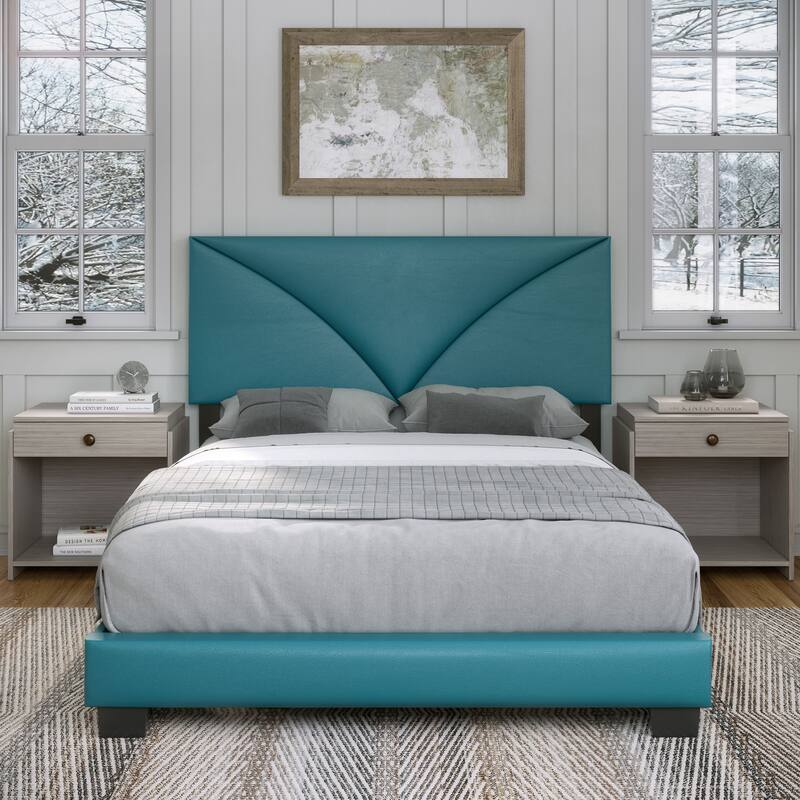 Boyd Sleep Cornerstone Faux Leather Upholstered Platform Bed Frame with Adjustable Headboard - Blue - Queen