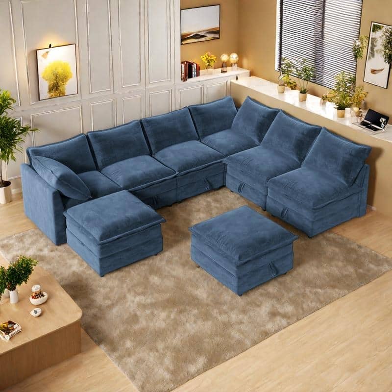 126" Polyester 8-Piece Modular Sofa Bed with Storage, Faux Double-Layer Cushions and Customizable Configuration