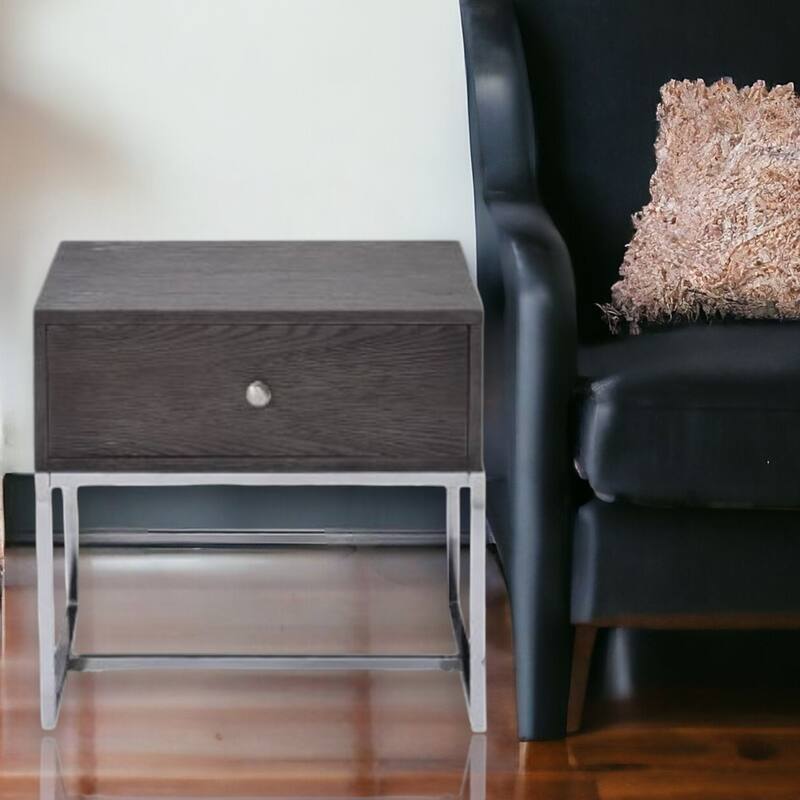 22” Grey Oak Wood Rectangular Side End Table with Chrome Frame and Drawer for Living Room or Bedroom - 22''L x 20''W x 22''H