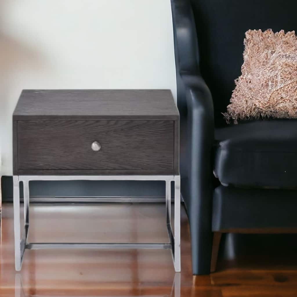 HomeRoots 22" Chrome And Gray Oak Manufactured Wood Rectangular End Table With Drawer - 22' X '22' X '20