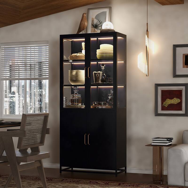 76.75" Tall Curio Cabinet - 3-Sided Glass Display Case with LED Lights - Steel Frame Showcase for Collectibles, Figures - Black