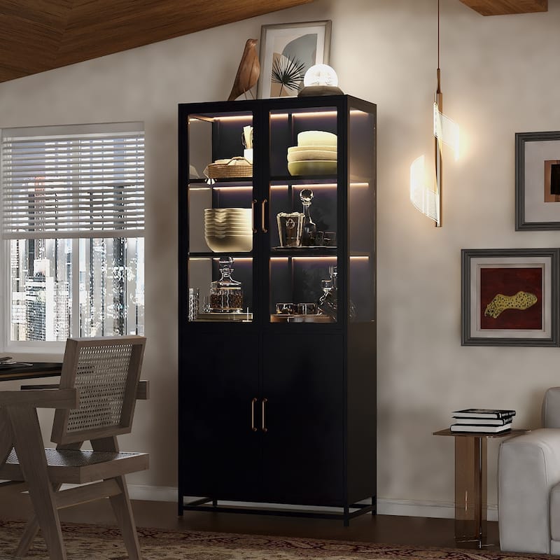 76.75'' Tall Display Cabinet with Double Glass Doors and LED Lights Steel Curio Cabinet - Black