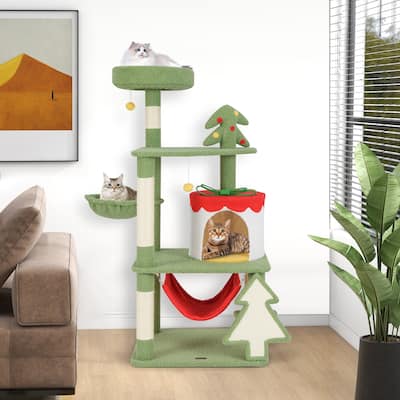 Christmas Cat Tree with Sisal Scratching Posts and Gift Box Condo for Cats - 23.5"x 19.5"