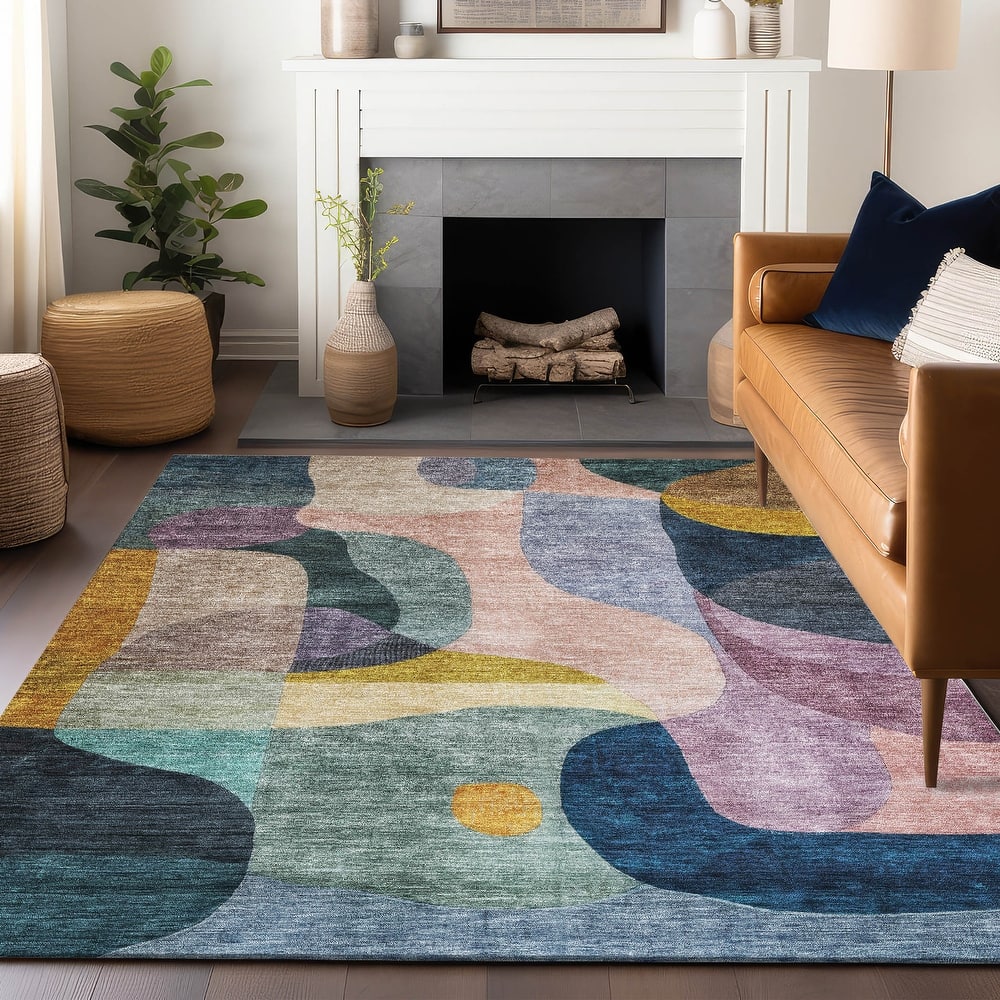 Machine Washable Indoor/ Outdoor Abstract Contemporary Chantille Rug