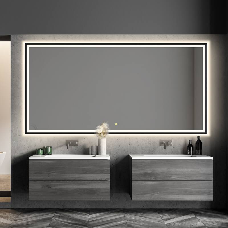 Apollo Rectangular Anti-Fog Dimmable Modern Bathroom/Vanity LED Lighted Wall Mirror in Matte Black Aluminum Framed