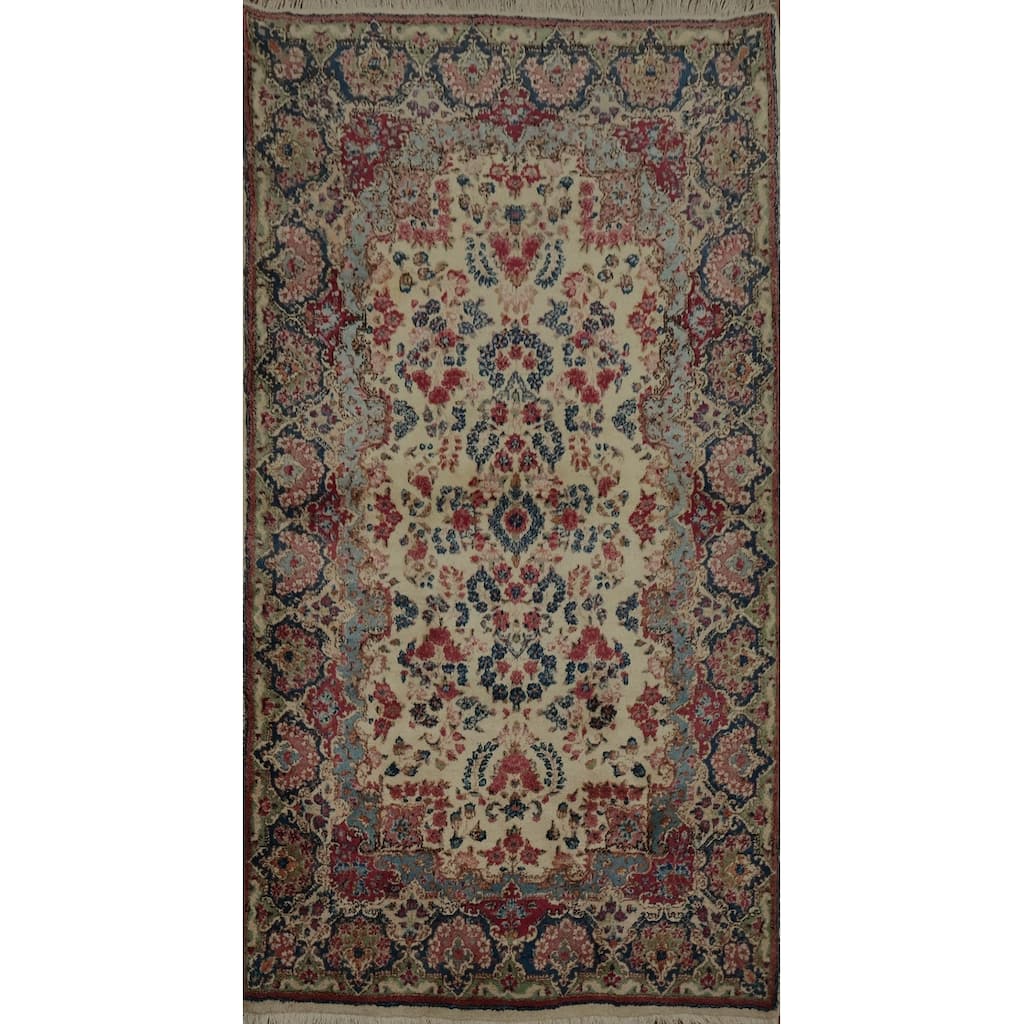 Hand Knotted Oriental 100% Wool Carpet Traditional Floral Beige & Ivories Kerman Area Rug - 7' 1'' X 4' 0''