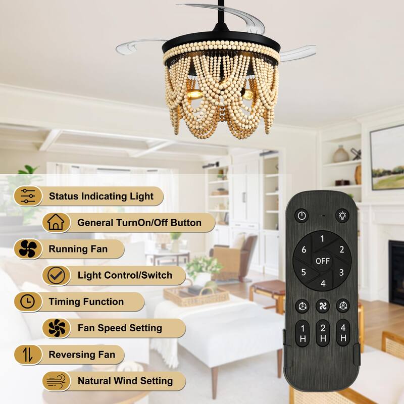 Cusp Barn 42" Retractable Ceiling Fan with Light, Farmhouse Wooden Bead Chandelier, Quiet DC Motor 6 Speeds Bohemian Ceiling Fan
