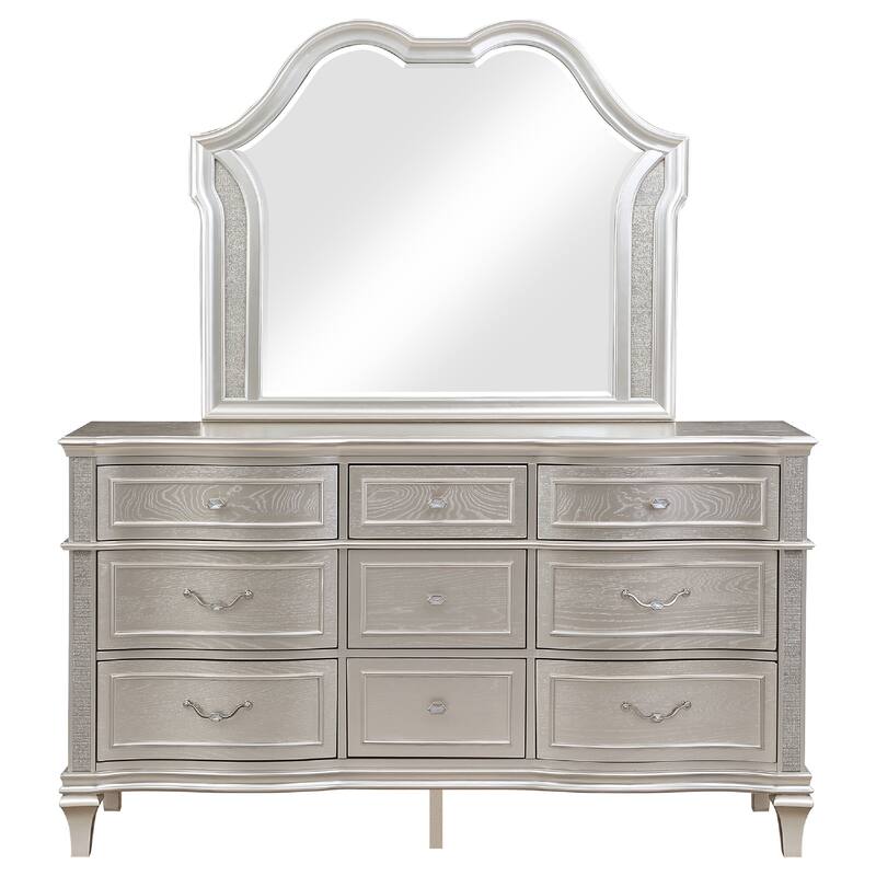 Nive Wide Dresser with Mirror, 9 Drawers, Pearl Knobs, Silver Oak
