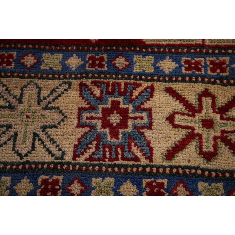 Red Geometric Kazak Foyer Rug Handmade Traditional Wool Carpet - 3'5" x 4'11"