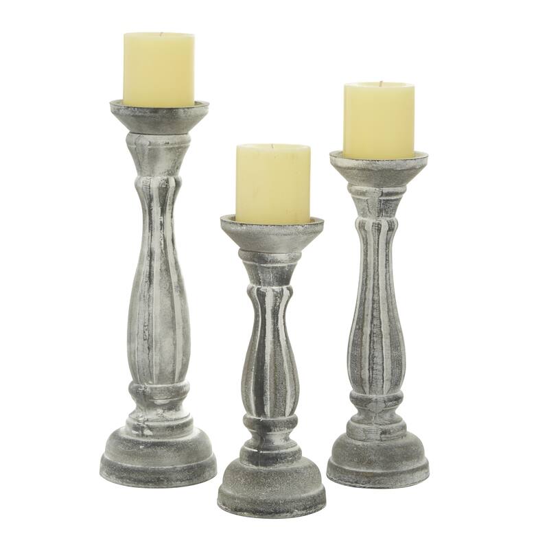 Wooden Distressed Turned Decorative Candle Holder - Set of 3 Gray, Brown, Blue, Green - Roche River Decor - Gray - 15", 13", 11"H