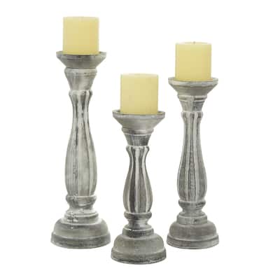Wooden Distressed Turned Decorative Candle Holder - Set of 3 Gray, Brown, Blue, Green - Roche River Decor