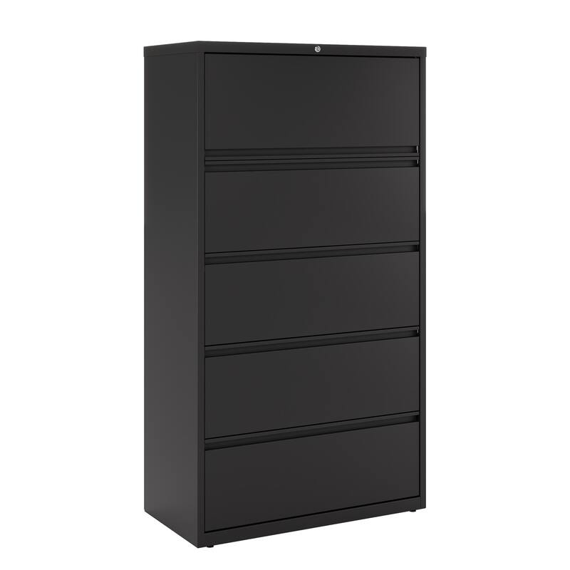 Hirsh 36-in Wide HL10000 Series 5 Drawer Lateral File Cabinet with Posting Shelf and Roll-Out Binder Storage, White - Black - Legal