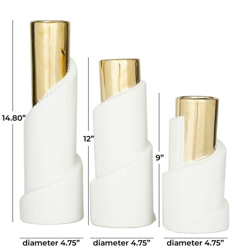 Gold Ceramic Spiral Decorative Vase with Gold Accents (Set of 3) - 15 x 5 x 5
