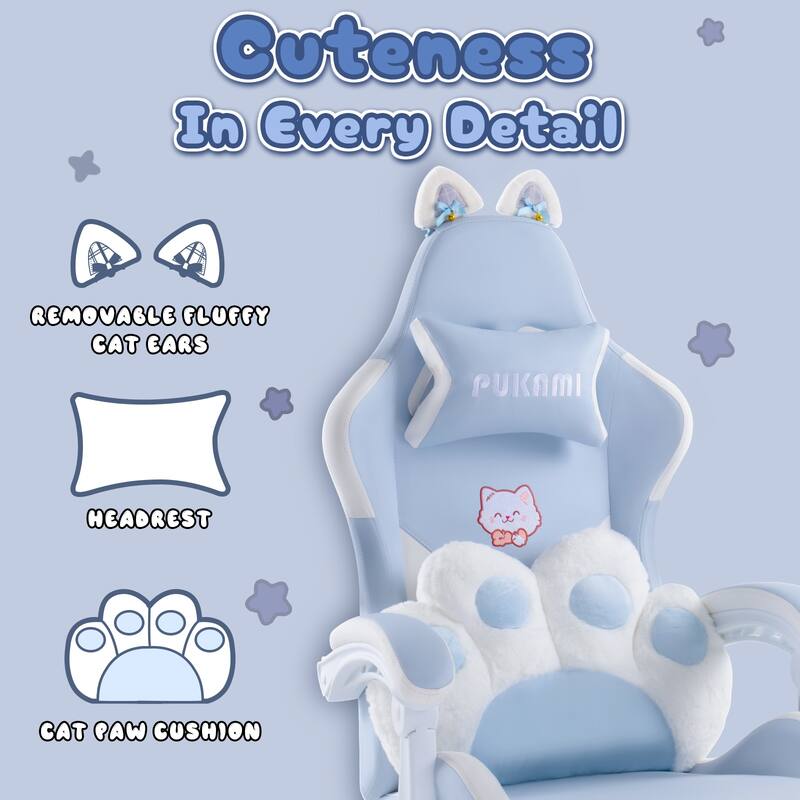 BOSSIN Gaming Chair with Cat Ears and Cat Paw Cushion Pillow,Cute Kawaii Reclining Computer Chair for Girl with Footrest