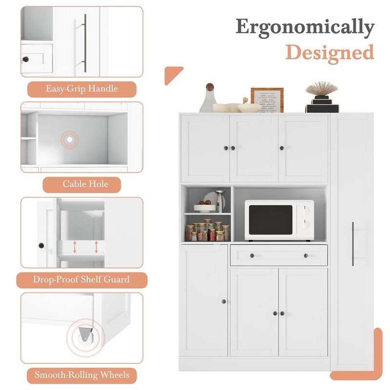 Freestanding Kitchen Pantry Storage Cabinet Cupboard with Pull-Out Side Cabinet - White