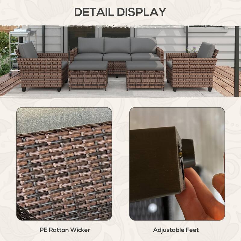 Outsunny 5 Piece Patio Furniture Set with Cushions, Outdoor Conversation Set with Rattan Three-Seater Sofa, Chairs & Footstools