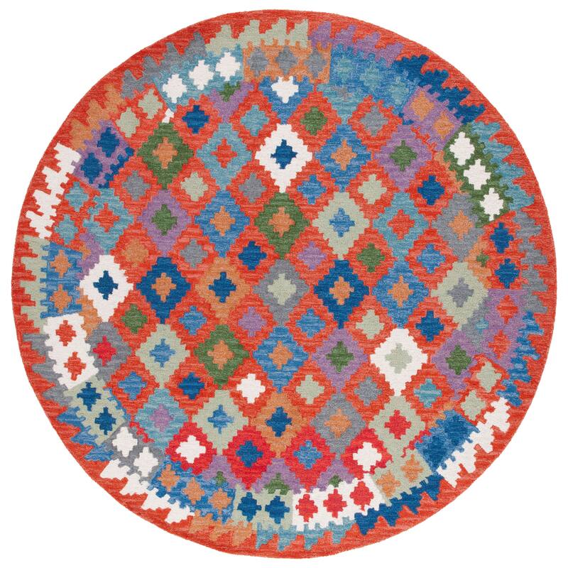 SAFAVIEH Handmade Aspen Mendushe Boho Wool Rug - 7' Round - Orange/Blue