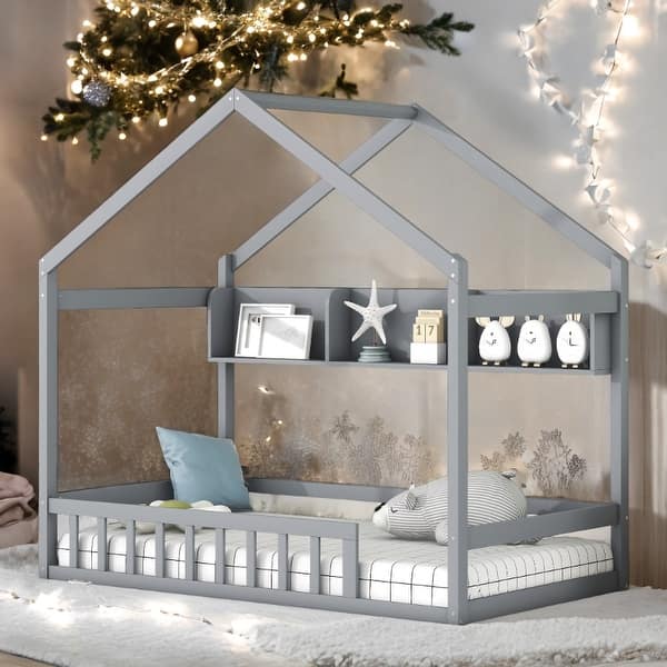 slide 2 of 8, Wooden Twin Size House Bed with Roof and Storage Shelf, Kids Bed with Fence Grey