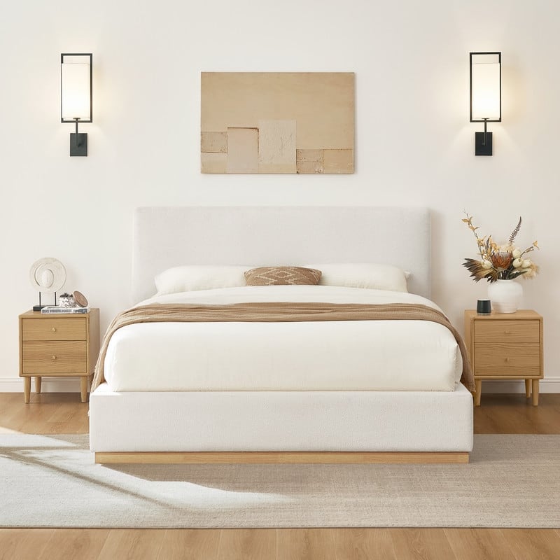 Spruce & Spring Modern Boucle Upholstered Platform Bed with Solid Wood Frame