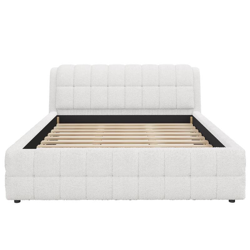 Modern Upholstered Platform Bed Frame Grounded Bed Frame with Striped Headboard/Wood Slats Support/No Box Spring/Easy Assembly