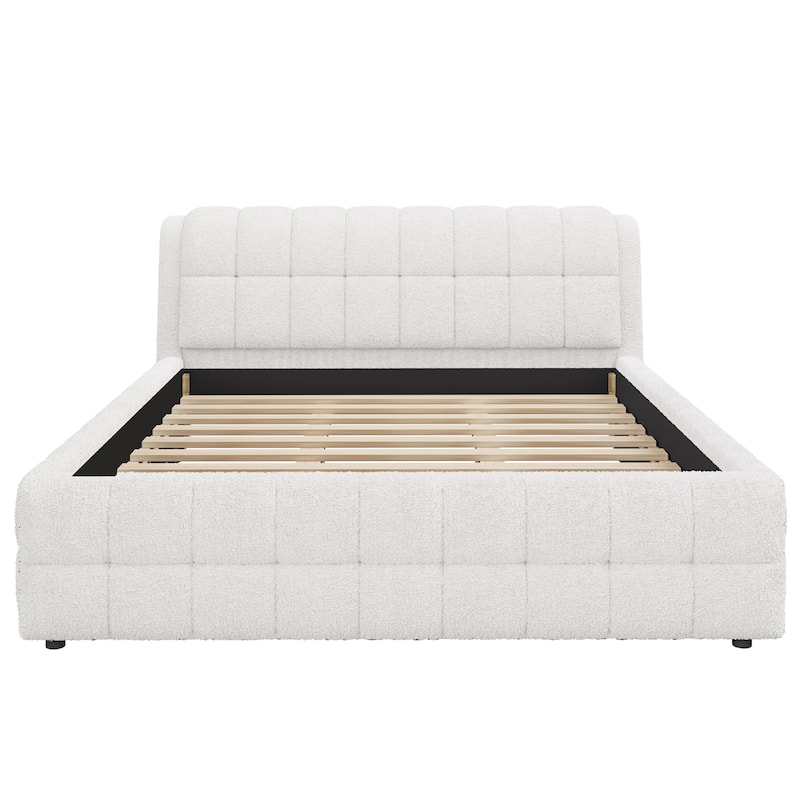 Upholstered Platform Bed with Thick Wingback Headboard and Wood Slat Support