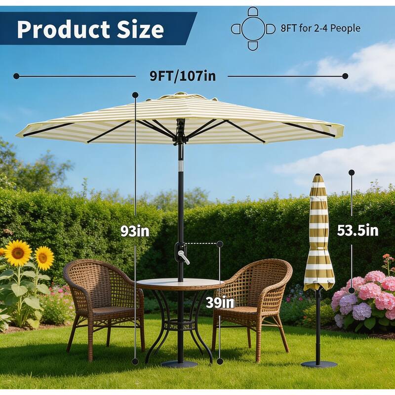 9 ft Patio Umbrella, with Crank Lift & Push Button Tilt, 8 Sturdy Ribs