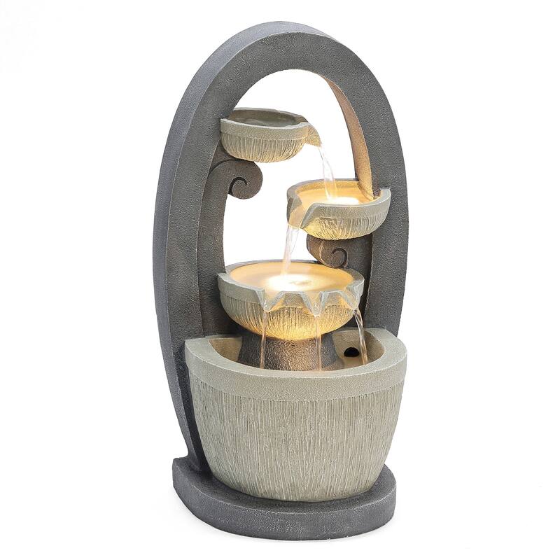 Grey Oval Cascading Bowls Resin Outdoor Fountain with LED Lights