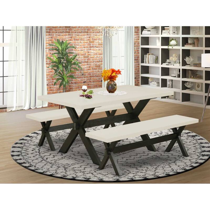 HomeStock 3-Piece Rectangle Natural Oak Finish Solid Wood Top Dining Table with 2-Benches