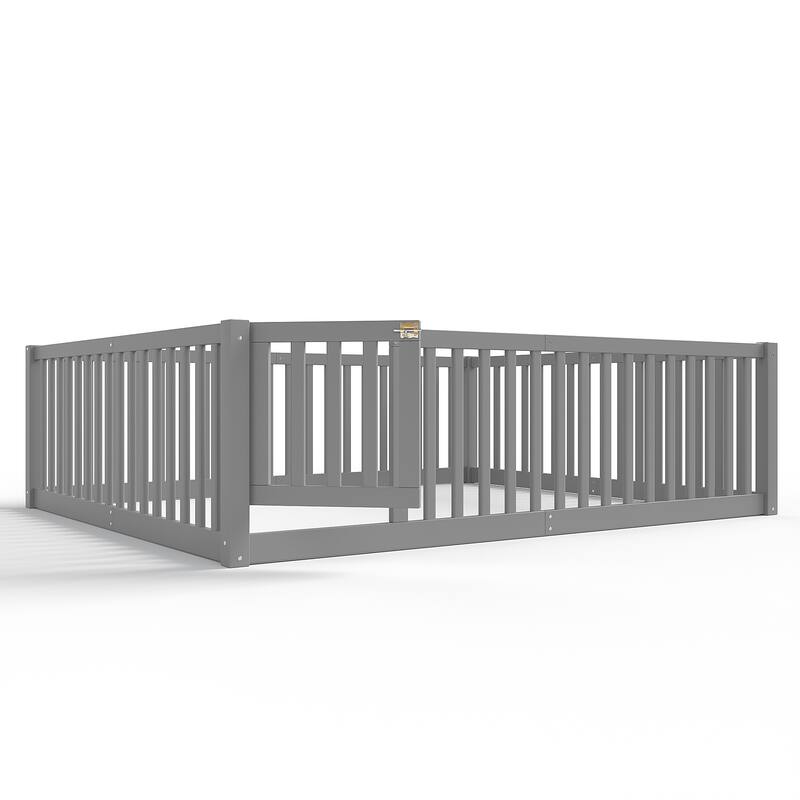 Montessori Floor Bed with Safety Guardrails & Door, Kids Low Profile Frame, Available in Queen/Full/Twin