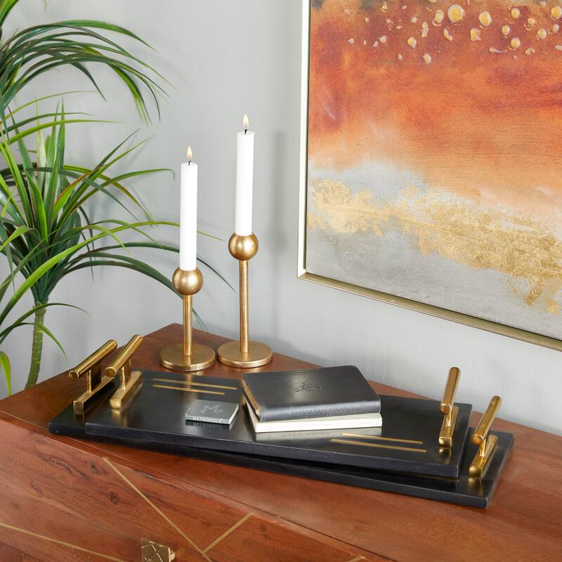 Black Marble Living Room Decor Tray with Gold Handles (Set of 2) - 22 x 8 x 3 - 22 x 8 x 3 - Black